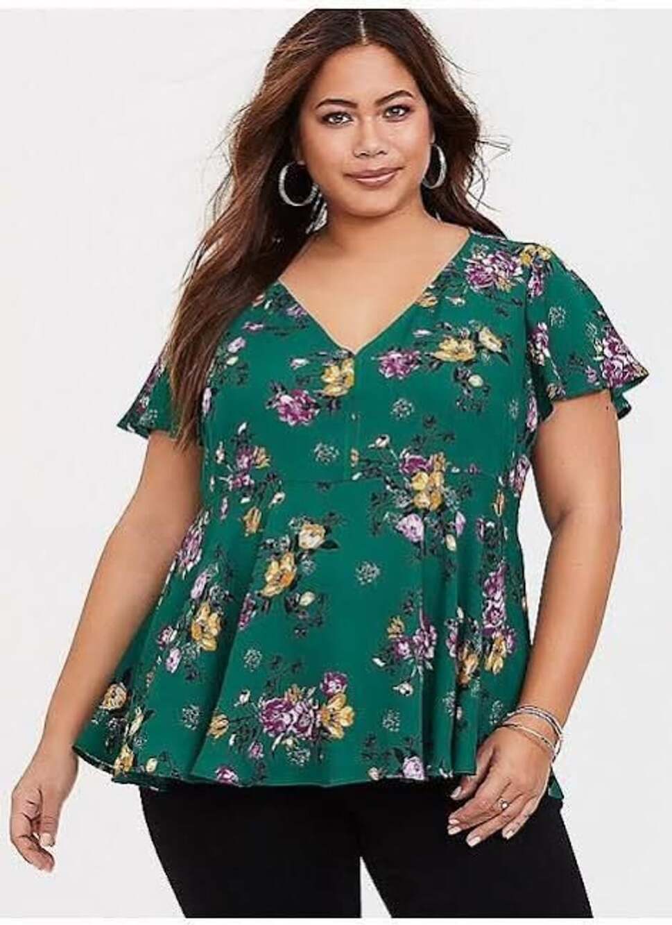 Torrid Green Floral V-Neck Flutter Sleeve Peplum Blouse Size 5